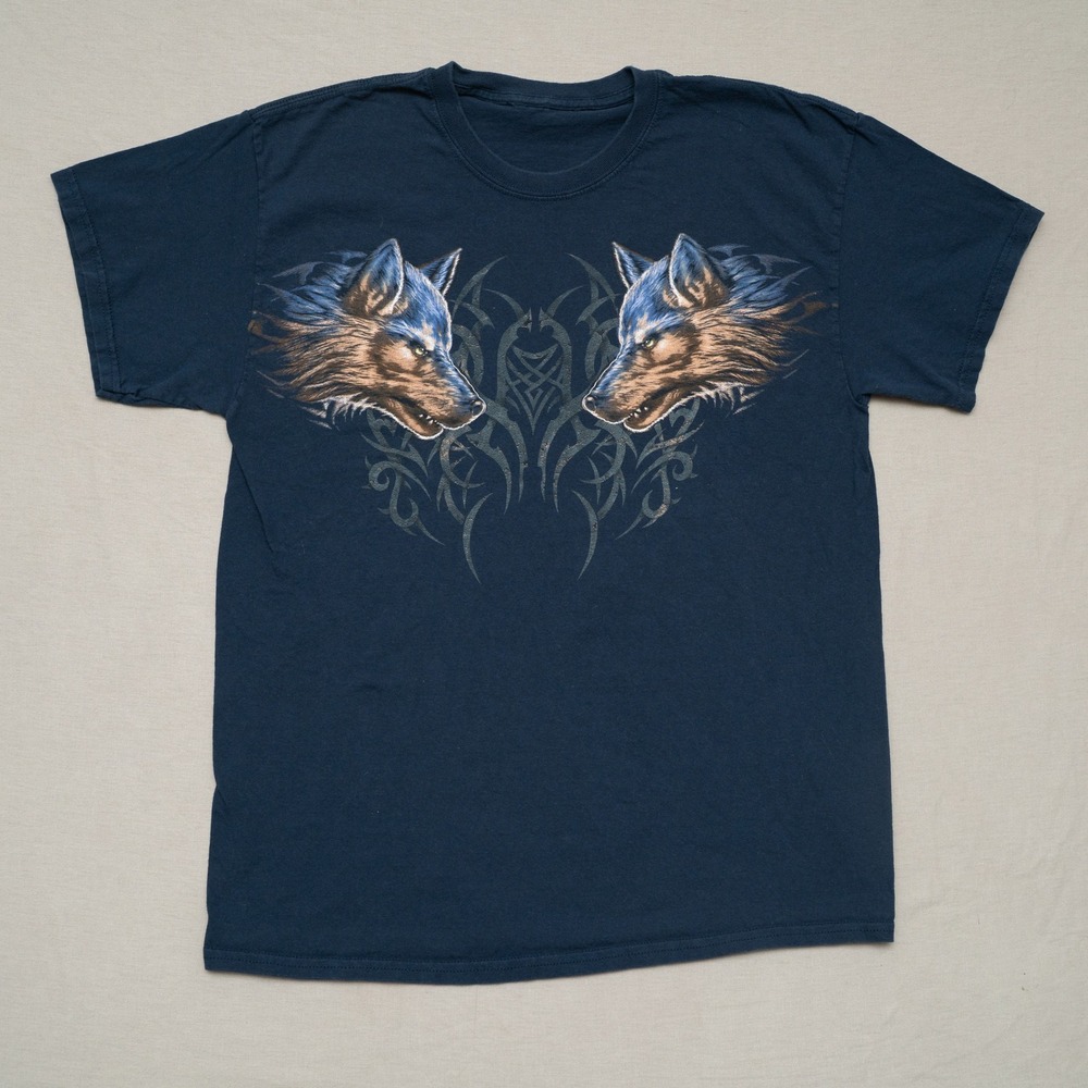 Vintage Y2k 2000s Tribal Sigil 2 Wolves Navy Blue T Shirt Adult M Surf Skate‎